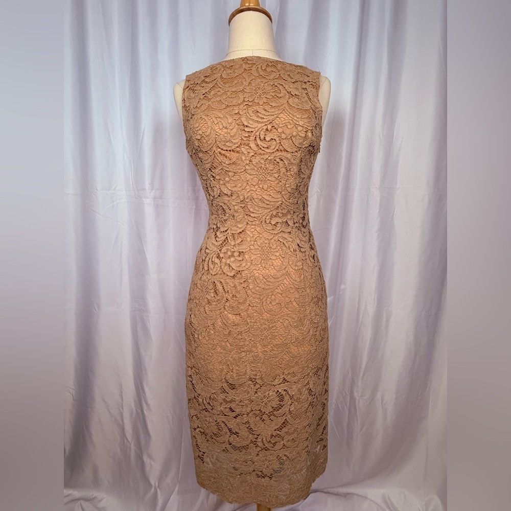 Vintage Y2K Prada Camel French Leavers Lace Sheath Dress IT 38
